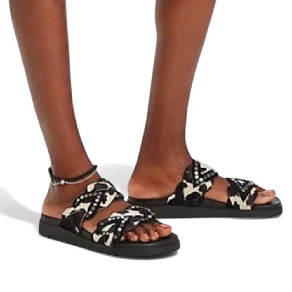 Free People Black and Cream Studded Slide Sandals